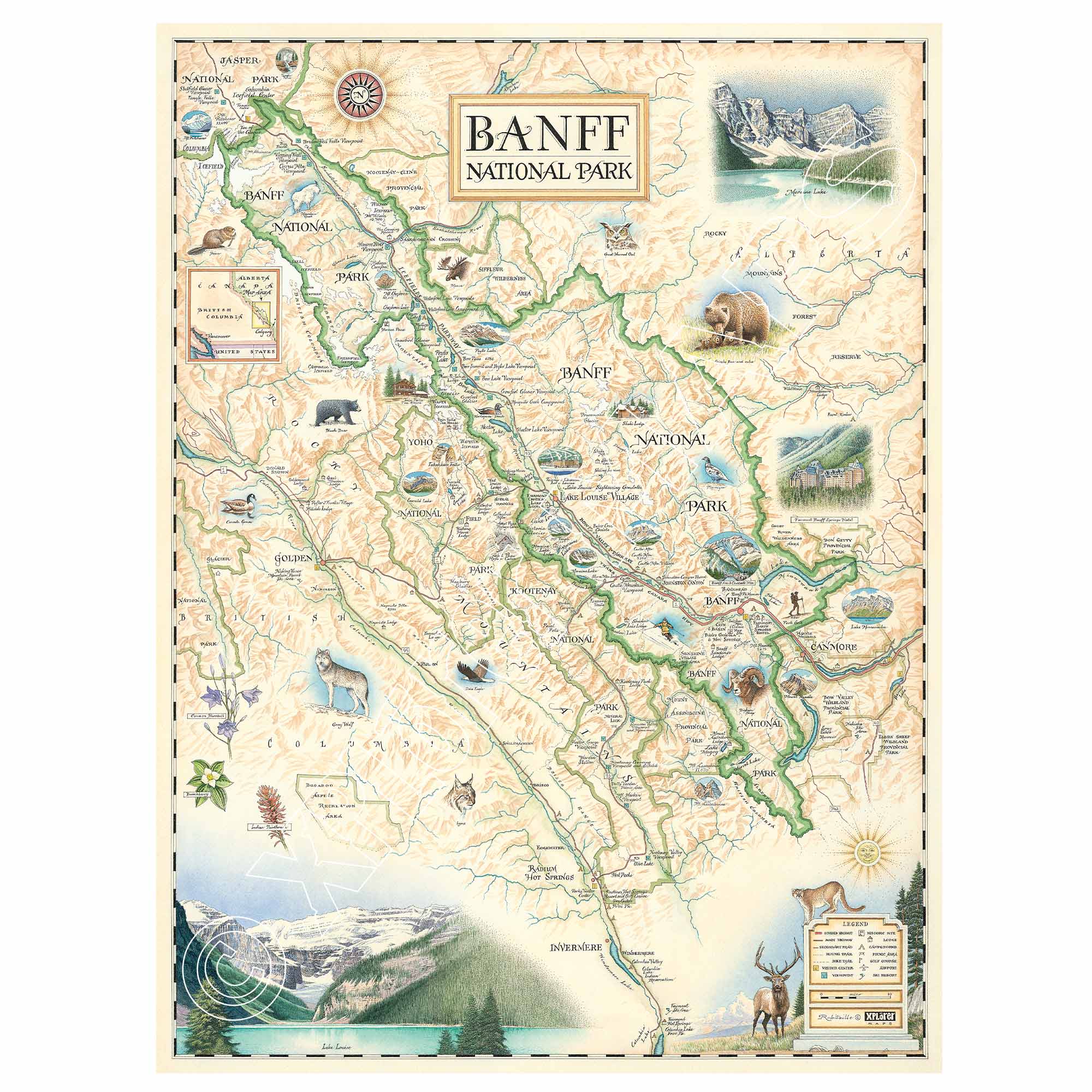 Banff National Park Hand-Drawn Map in earth tone colors. It features grizzly bears, elk, mountain lions, and wolves. his map highlights Lake Louise, Moraine Lake, Lake Minnewanka, Peyto Lake, Emerald Lake,  Mount Rundle, Mount Assiniboine, Cascade Mountain, Castle Mountain, Mount Temple, and Fairmont Banff Springs Hotel. Wildlife includes elk, mountain lions, Bald Eagles,  gray wolves, Bighorn Sheep, black & Grizzly bears, moose, Great Horned owls, beavers, and more. Measures 18x24.Measures 18x24.