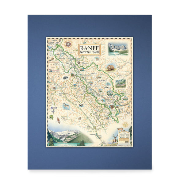 Blue Pre-matted Banff National Park Mini-Map in earth tone colors. It features grizzly bears, elk, mountain lions, and wolves. his map highlights Lake Louise, Moraine Lake, Lake Minnewanka, Peyto Lake, Emerald Lake,  Mount Rundle, Mount Assiniboine, Cascade Mountain, Castle Mountain, Mount Temple, and Fairmont Banff Springs Hotel. Wildlife includes elk, mountain lions, Bald Eagles,  gray wolves, Bighorn Sheep, black & Grizzly bears, moose, Great Horned owls, beavers, and more.