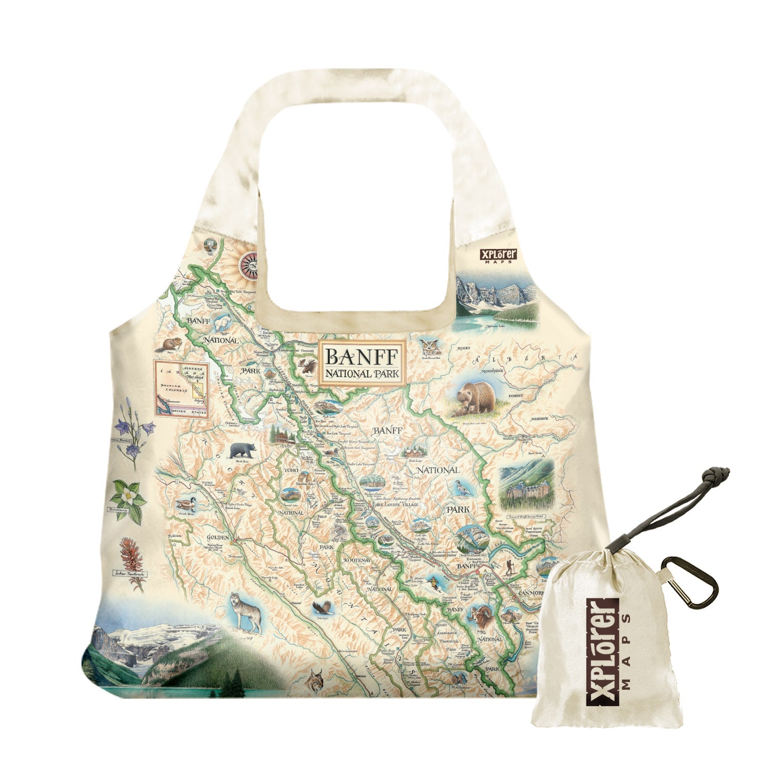 Banff National Park Map nylon tote In beautiful earth tones. Featuring grizzly bears, elk, mountain lions, and wolves. The map also features Jasper National Park, Yoho National Park, and Kootenay National Park. The featured illustration of the map is Lake Louise.