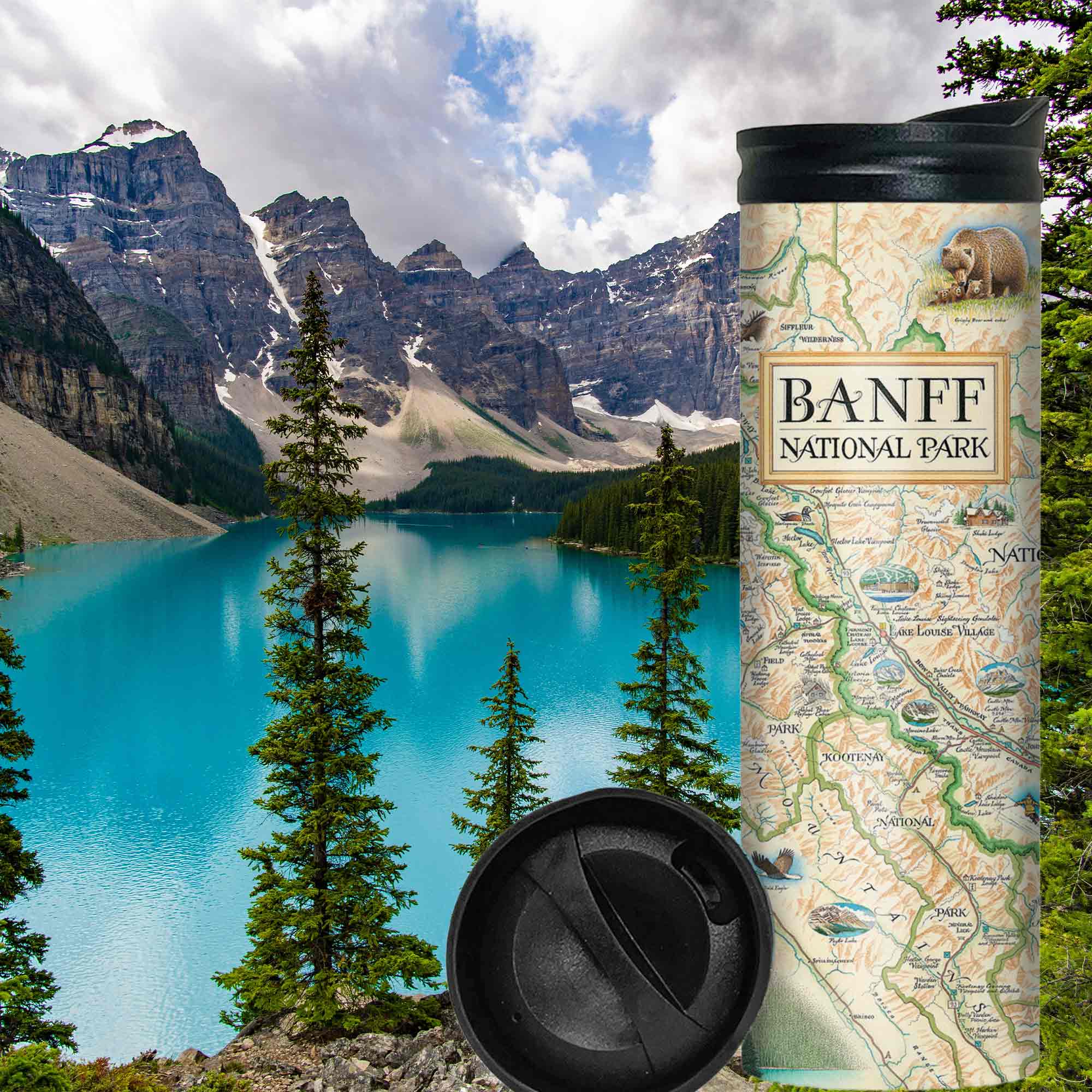 Banff National Park Map Travel Drinkware - 16 oz sitting in a forest overlooking a glacier lake with mountains and snow. Featured on the map are grizzly bears, elk, mountain lions, and wolves. The map also features Jasper National Park, Yoho National Park, and Kootenay National Park. The featured illustration of the map is Lake Louise.