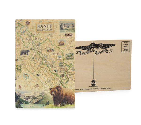 Banff National Park Map wooden mailable postcard in earth tone colors. Featuring grizzly bear, elk, mountain lion, and wolf.