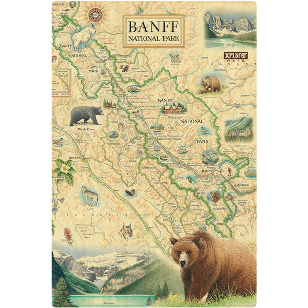 Banff National Park Map wooden sign in earth tone colors. Featuring grizzly bear, elk, mountain lion, and wolf.