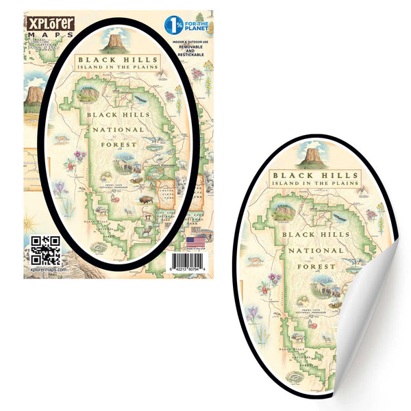 Black Hills National Forest Map sticker in earth tone colors. Featuring Mount Rushmore, bison, elk, and flowers.