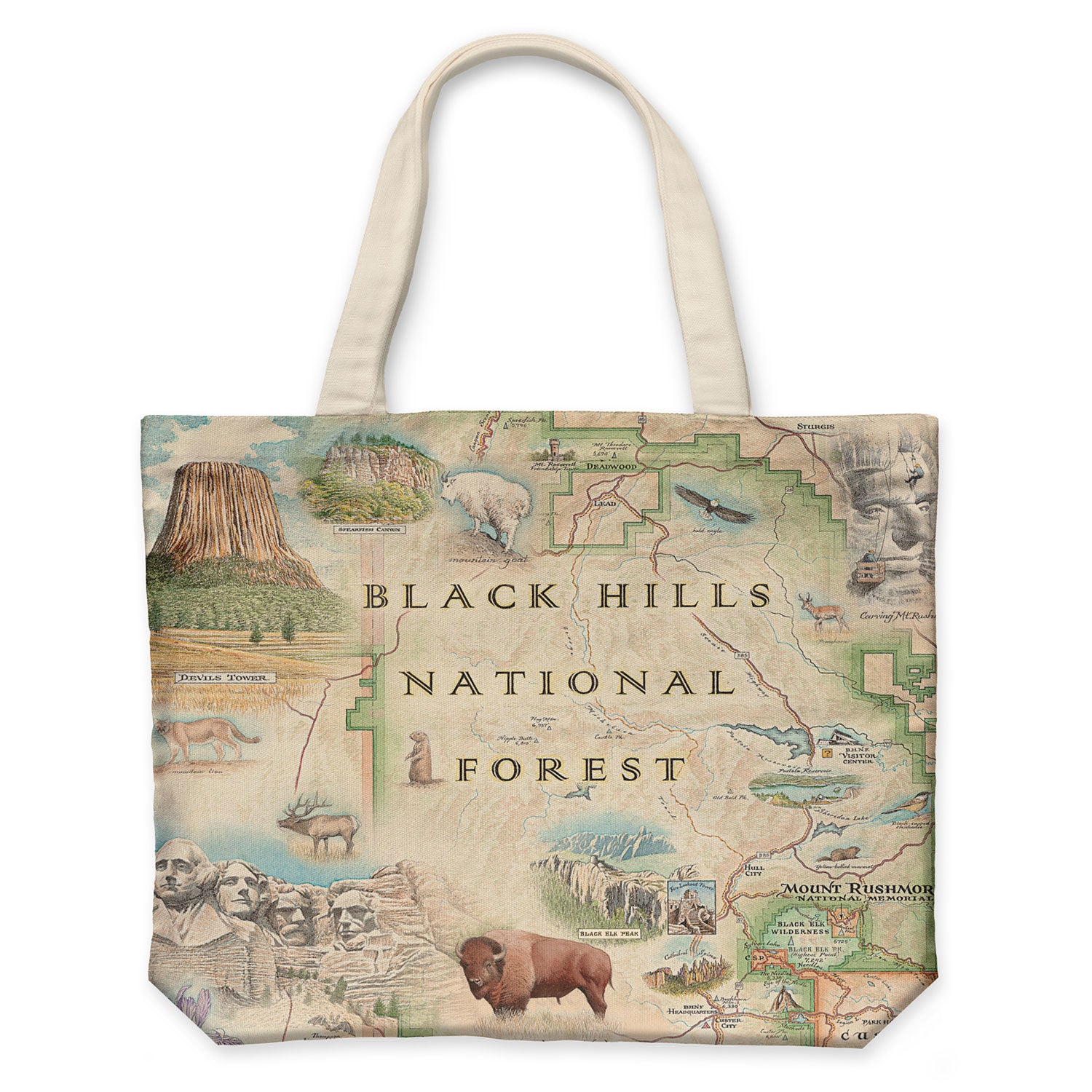 Black Hills National Forest Map Canvas Tote Bag in earth tone colors. Featuring cities like Rapid City, Spearhead, Rapid City, and Sturgis. Mount Rushmore, Devils Tower, Jewel Cave National Monument, Custards, and Wind Cave National Park. Flora and Fauna illustrations include bison, elk, mountain goats, birds, pine trees, and native flowers. 