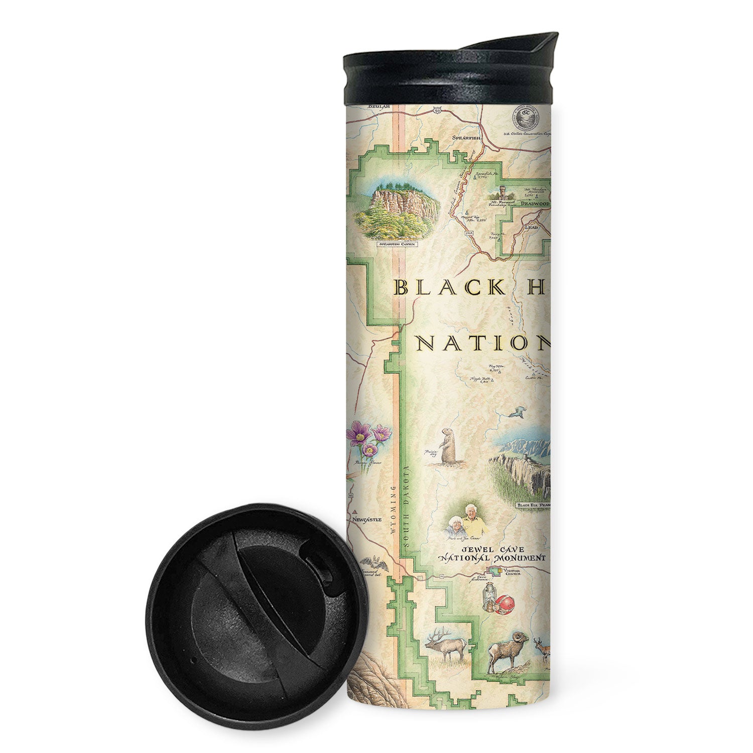 Black Hills National Forest Map Travel Drinkware by Xplorer Maps. Featuring cities like Rapid City, Spearhead, Rapid City, and Sturgis. Mount Rushmore, Devils Tower, Jewel Cave National Monument, Custards, and Wind Cave National Park. Flora and Fauna illustrations include bison, elk, mountain goats, birds, pine trees, and native flowers. 