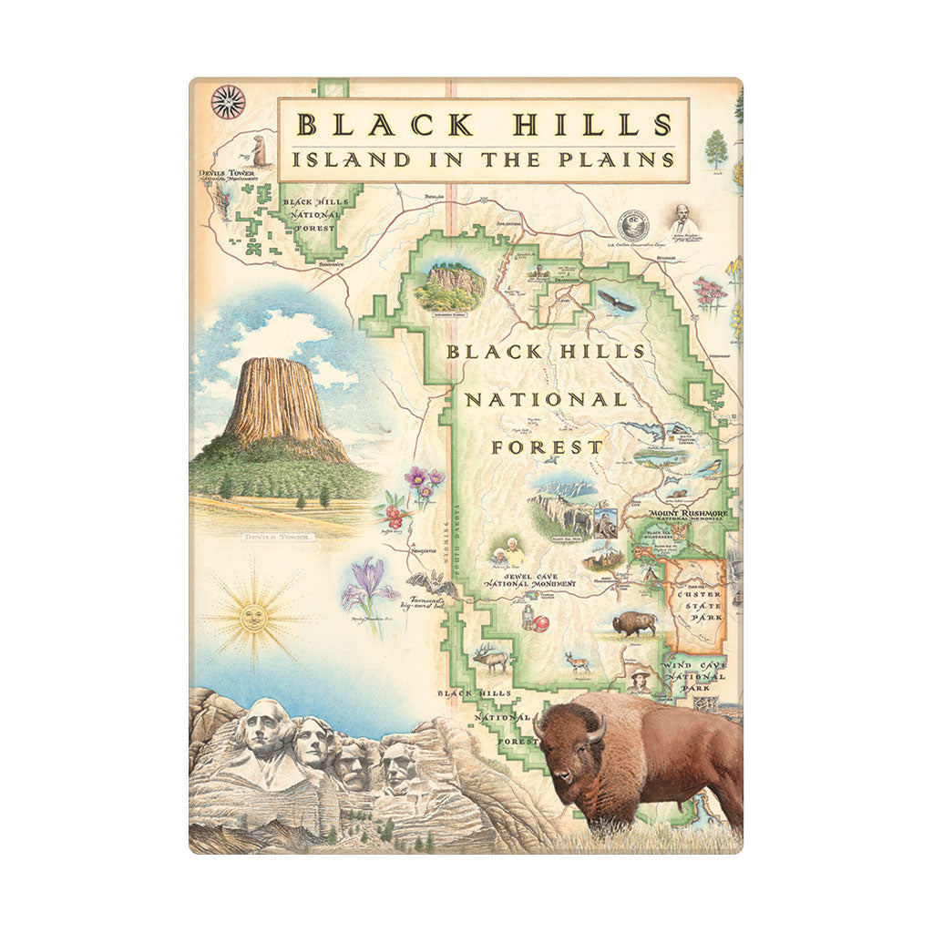 Black Hills National Forest Map magnets in earth tone colors. Featuring Mount Rushmore, bison, elk, and flowers.