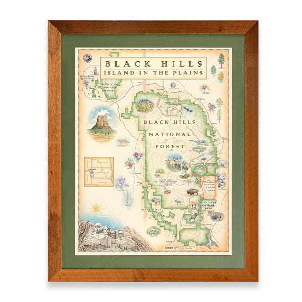 Black Hills National Forest hand-drawn map in a Montana Flathead Lake reclaimed larch wood frame and green mat. 