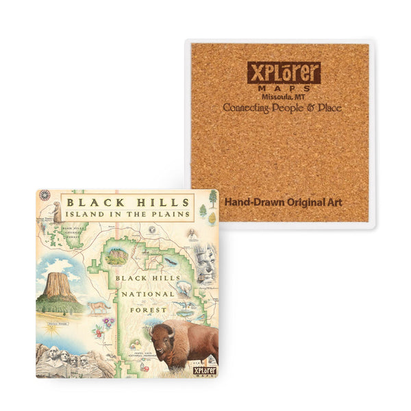  Black Hills National Forest Map Ceramic Coaster by Xplorer Maps. Featuring cities like Rapid City, Spearhead, Rapid City, and Sturgis. Mount Rushmore, Devils Tower, Jewel Cave National Monument, Custards, and Wind Cave National Park. Flora and Fauna illustrations include bison, elk, mountain goats, birds, pine trees, and native flowers. 