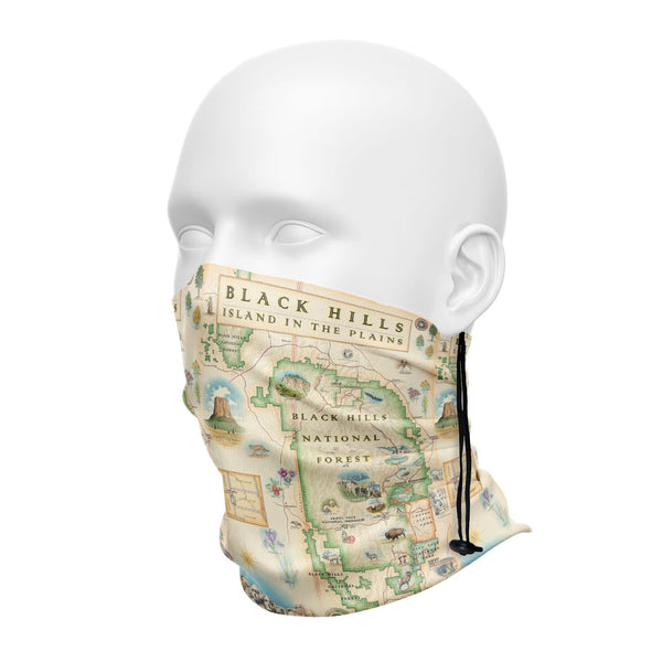 Black Hills National Forest Map neck gaiter in earth tone colors. Featuring Mount Rushmore, bison, elk, and flowers.