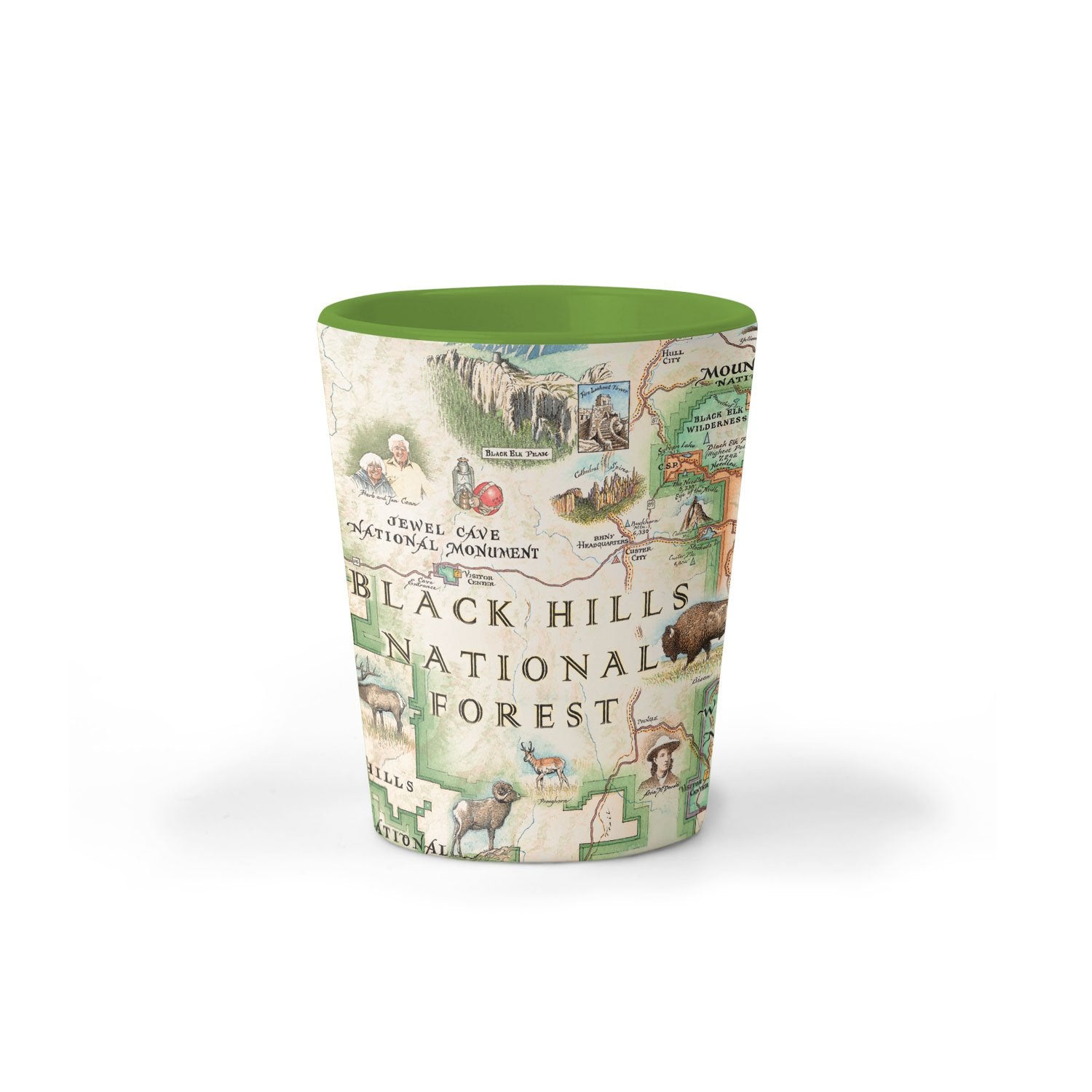 Black Hills National Forest Map Ceramic shot glass by Xplorer Maps. Featuring cities like Rapid City, Spearhead, Rapid City, and Sturgis. Mount Rushmore, Devils Tower, Jewel Cave National Monument, Custards, and Wind Cave National Park. Flora and Fauna illustrations include bison, elk, mountain goats, birds, pine trees, and native flowers. 