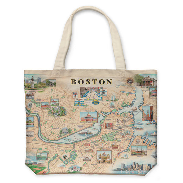 Boston city Map Canvas Tote Bag in Earth Tone colors. Featuring Boston strong, Boston Marathon, Fenway Park, Museum of Fine Arts, Massachusetts State House, Bunker Hill Monument.