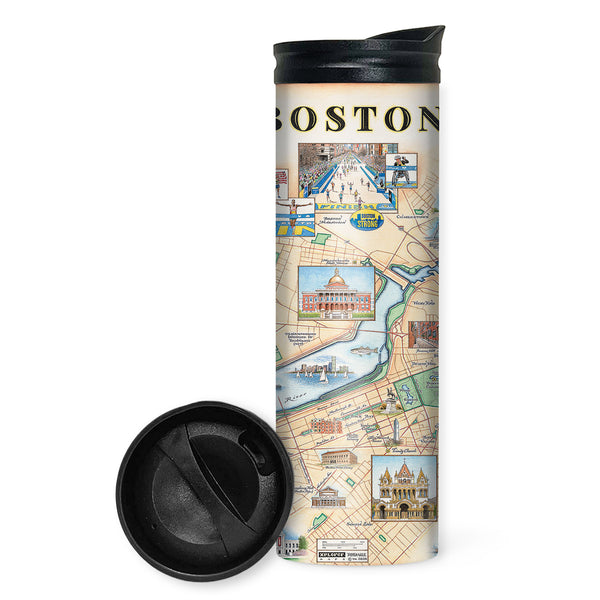 Boston city map travel drinkware. Featuring Boston Strong, Boston Marathon, Fenway Park, Museum of Fine Arts, Massachusetts State House, and Bunker Hill Monument.