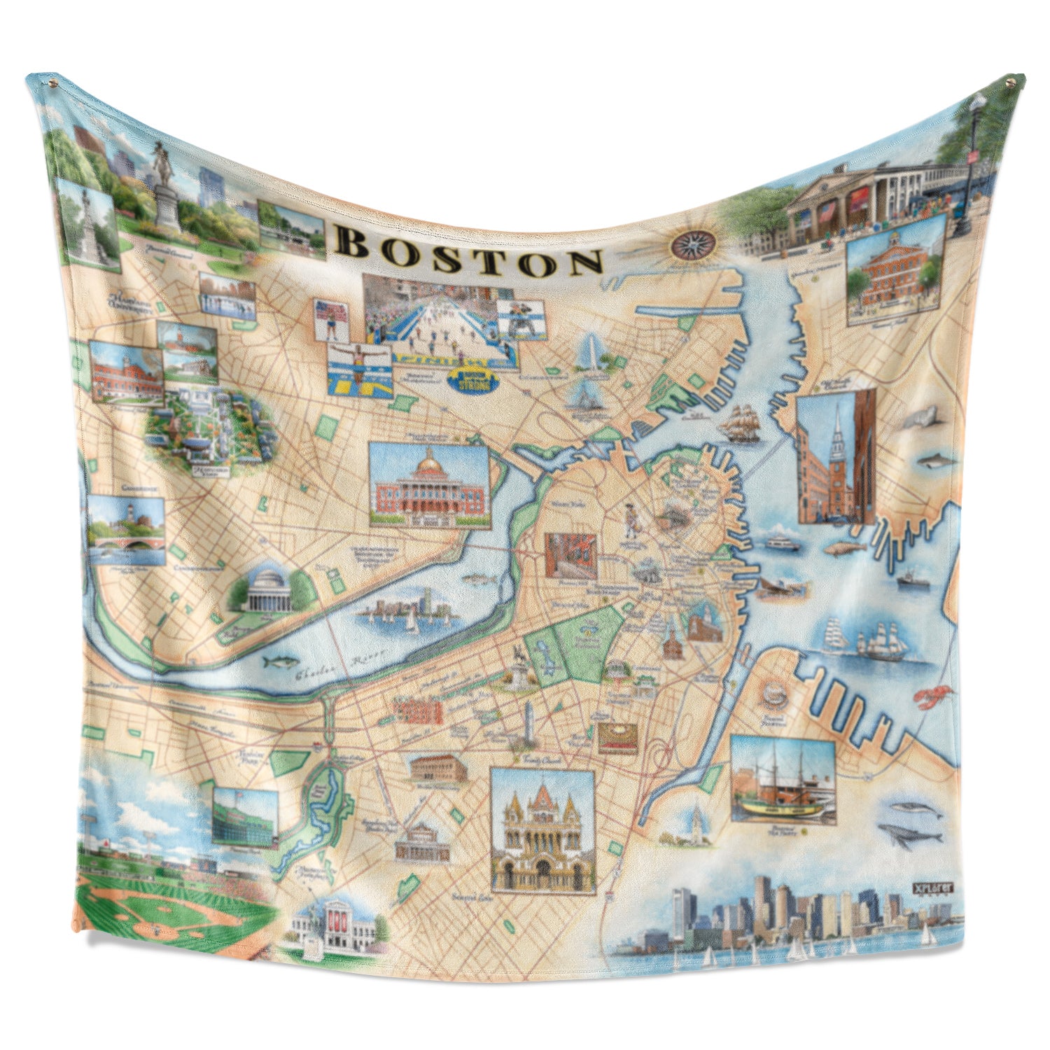 Hanging fleece blanket featuring a map of Boston, Massachusetts. The map features the Boston tea party, the Trinity Church, and Boston Marathon. Measures 50