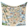 Hanging fleece blanket featuring a map of Boston, Massachusetts. The map features the Boston tea party, the Trinity Church, and Boston Marathon. Measures 50"x58."