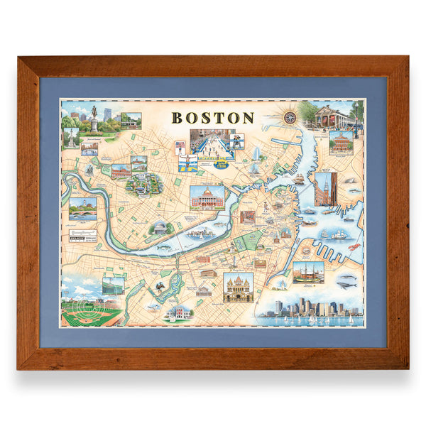 Boston, Massachusetts hand-drawn map in a Montana Flathead Lake reclaimed larch wood frame and blue mat. 
