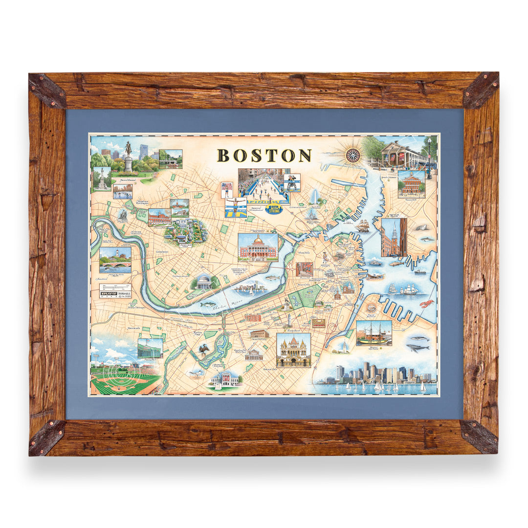 Boston, Massachusetts hand-drawn map in a Montana hand-scraped pine wood frame with blue mat.