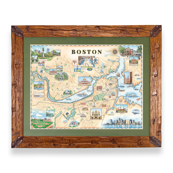 Boston, Massachusetts hand-drawn map in a Montana hand-scraped pine wood frame with green mat.