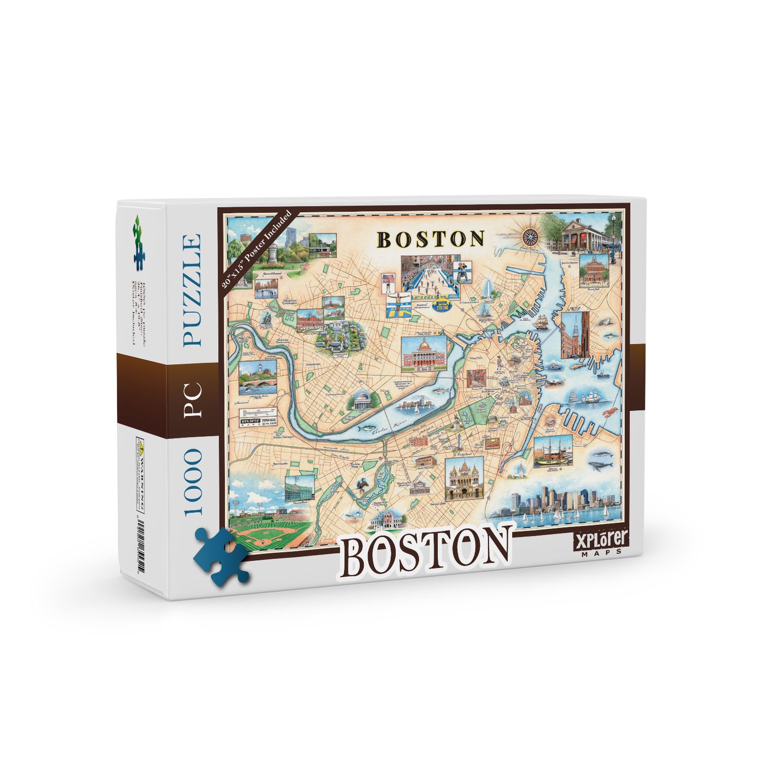 Hand-drawn Boston city Map 1000-piece puzzle. Boston city map features the Trinity Church, Quincy Market, Fenway Park, and Harvard Yard. There is also a featured illustration dedicated to the Boston Marathon. 
