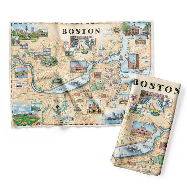 Boston city Map kitchen Dishwashing tea towel in Earth Tone colors. Featuring Boston strong, Boston Marathon, Fenway Park, Museum of Fine Arts, Massachusetts State House, Bunker Hill Monument.
