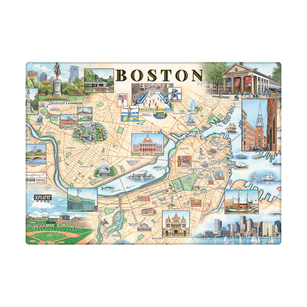 Boston city Map Magnet in Earth Tone colors. Featuring Boston strong, Boston Marathon, Fenway Park, Museum of Fine Arts, Massachusetts State House, Bunker Hill Monument.