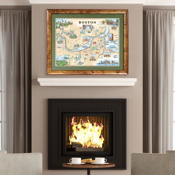 Framed Boston, Massachusetts City Hand-Drawn Map hanging over a fireplace. Featuring Boston strong, the Boston Marathon, Fenway Park, the Museum of Fine Arts, Massachusetts State House, and Bunker Hill Monument.