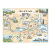 Boston, Massachusetts Map in earth tones of beige, blue, and green. Boston city map features the Trinity Church, Quincy Market, Fenway Park, and Harvard Yard. There is also a featured illustration dedicated to the Boston Marathon. Measures 24x18.
