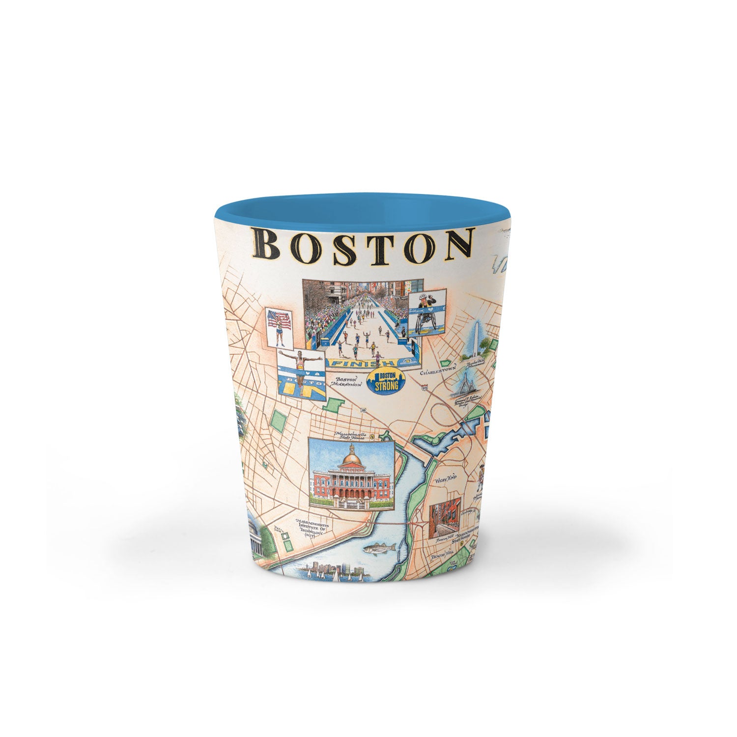 Boston city Map Ceramic shot glass in Earth Tone colors. Featuring Boston Strong, Boston Marathon, Fenway Park, Museum of Fine Arts, Massachusetts State House, and Bunker Hill Monument.