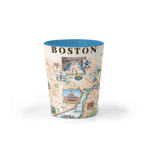 Boston city Map Ceramic shot glass in Earth Tone colors. Featuring Boston Strong, Boston Marathon, Fenway Park, Museum of Fine Arts, Massachusetts State House, and Bunker Hill Monument.