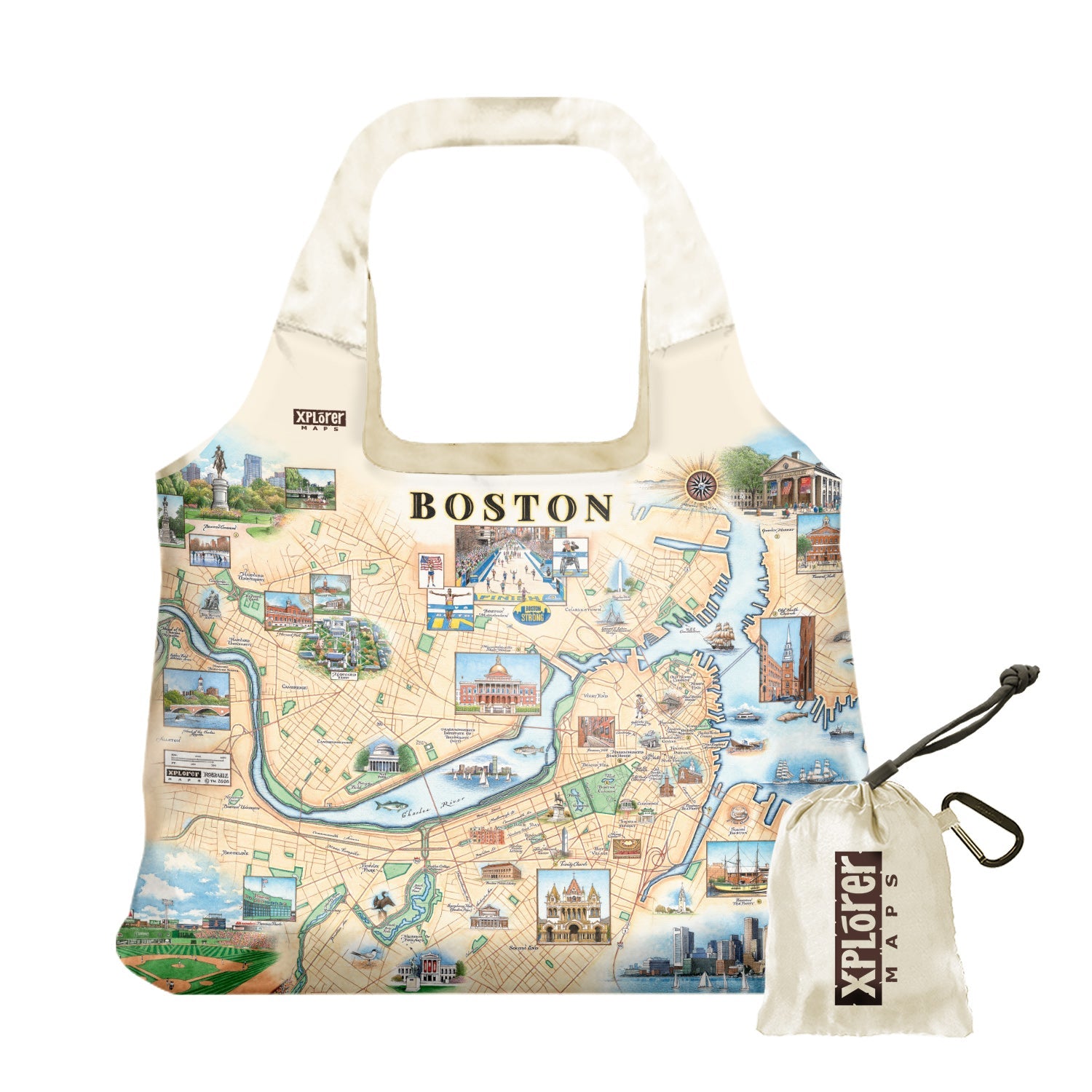 Boston city Map stuffable pouch tote bag in Earth Tone colors. Featuring Boston strong, Boston Marathon, Fenway Park, Museum of Fine Arts, Massachusetts State House, Bunker Hill Monument.