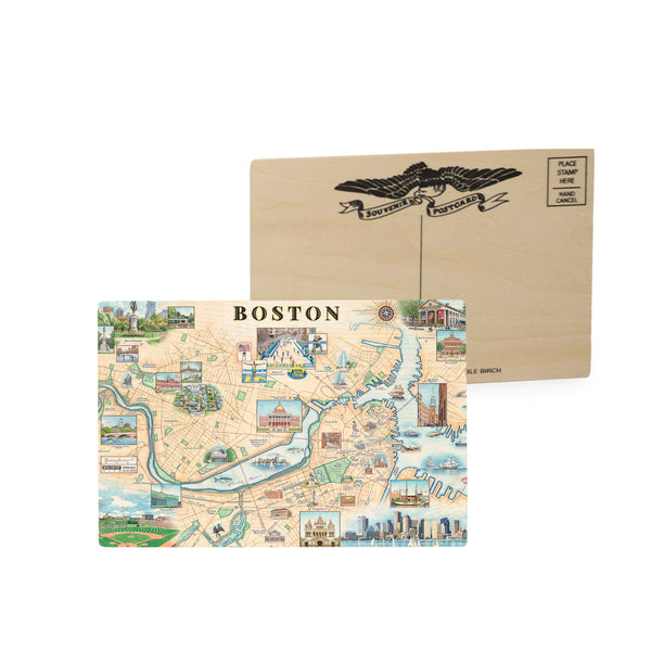 Boston city Map mailable wooden postcard in Earth Tone colors. Featuring Boston strong, Boston Marathon, Fenway Park, Museum of Fine Arts, Massachusetts State House, Bunker Hill Monument.