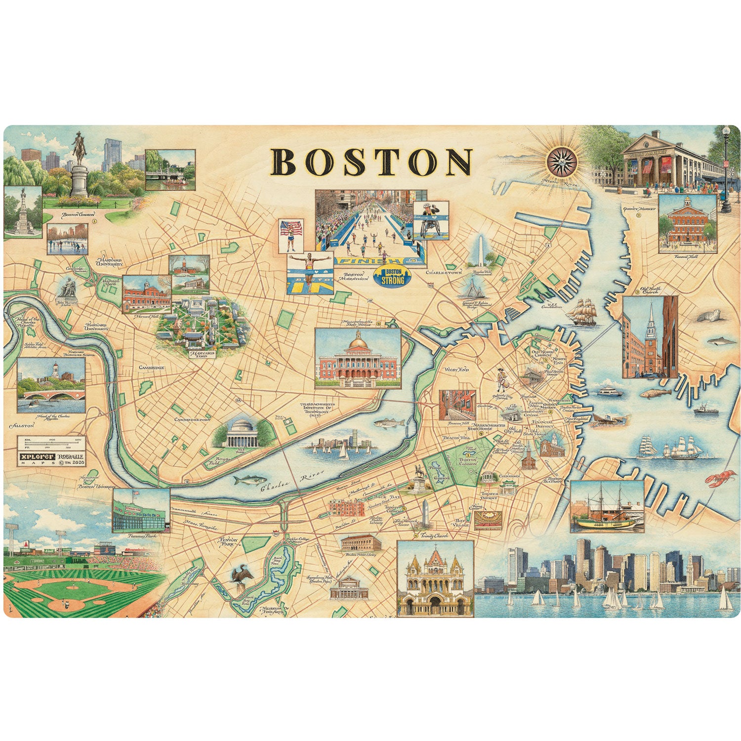 Boston city Map wood sign in Earth Tone colors. Featuring Boston strong, Boston Marathon, Fenway Park, Museum of Fine Arts, Massachusetts State House, Bunker Hill Monument.