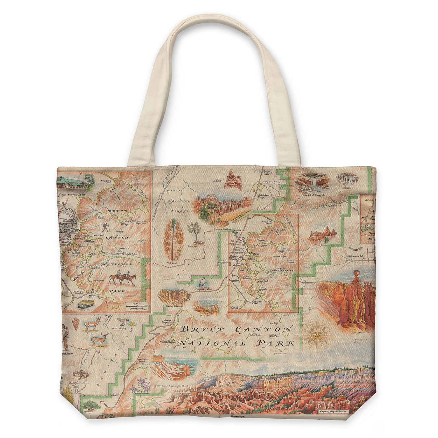 Bryce Canyon National Park Map Canvas Tote Bag on earth tone colors featuring Native people, arrow heads, canyons, horseback, hoodoos, Rim Trail, Pink Cliffs, Claron Formation, Sunset Point, Inspiration Point, Bryce Amphitheater, and Bryce Point. Flora and fauna include birds, coyotes, mountain lions, deer, and snakes.  