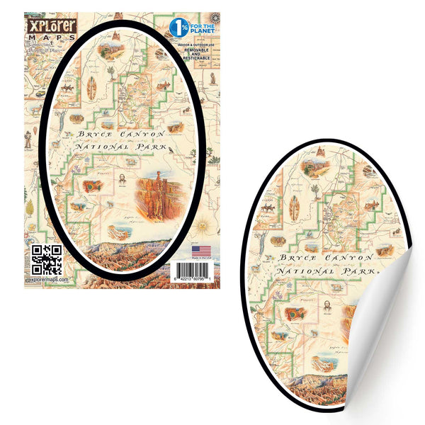 Bryce Canyon National Park Map Sticker on earth tone colors featuring canyons, horseback, hoodoos, Rim Trail, Sunrise Point, Sunset Point, Inspiration Point and Bryce Point.