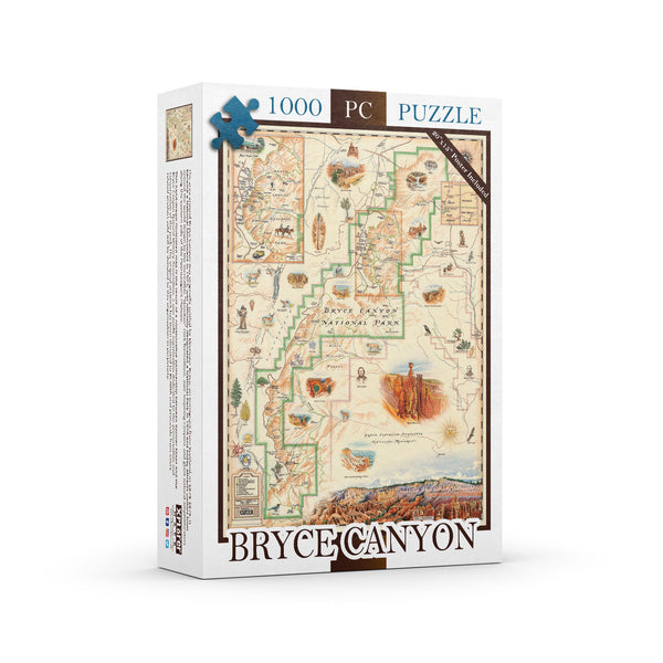 Bryce Canyon National Park Map 1000-piece puzzle. Map in earth-tone colors featuring canyons, horseback, hoodoos, Rim Trail, Sunrise Point, Sunset Point, Inspiration Point, Bryce Point, Thor's Hammer, and Bryce Amphitheatre. 