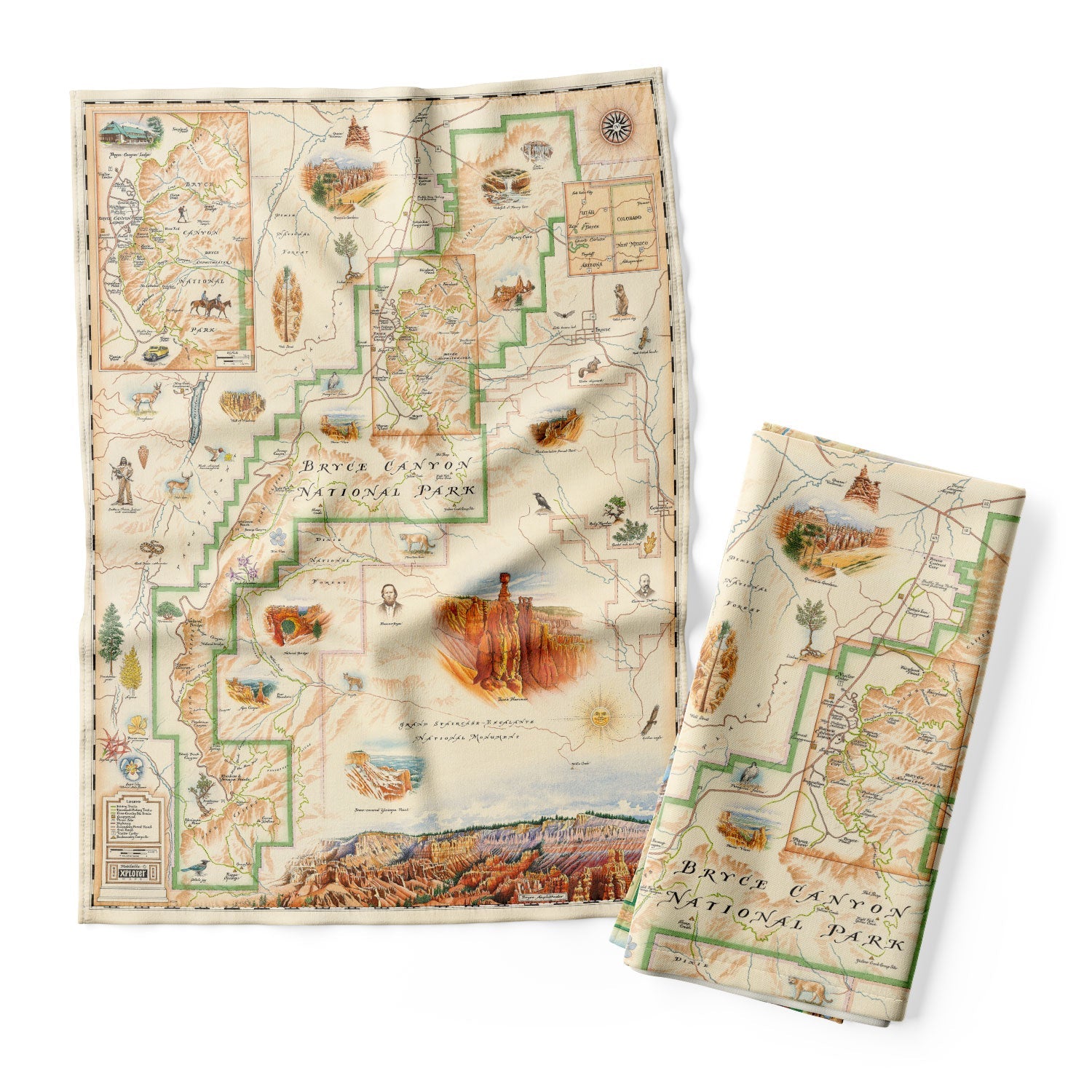 Bryce Canyon National Park Map Kitchen Dish towels on earth tone colors featuring canyons, horseback, hoodoos, Rim Trail, Sunrise Point, Sunset Point, Inspiration Point and Bryce Point.