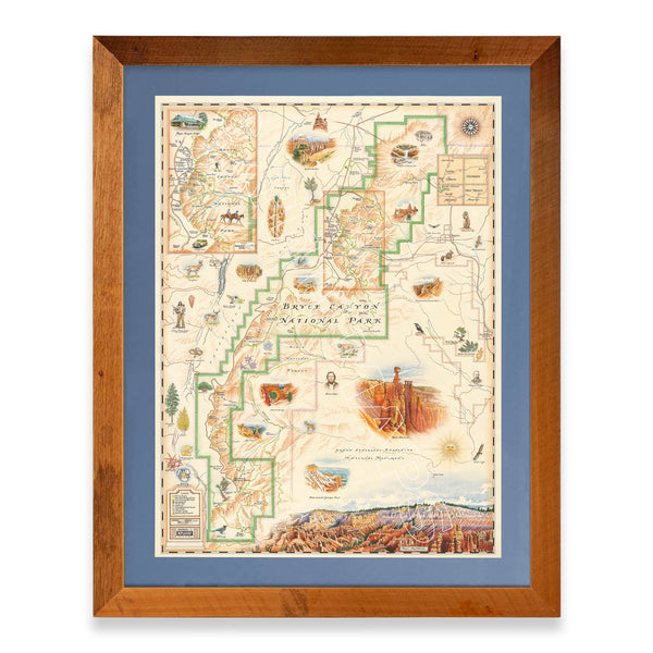 Bryce Canyon National Park hand-drawn map in a Montana Flathead Lake reclaimed larch wood frame and blue mat. 