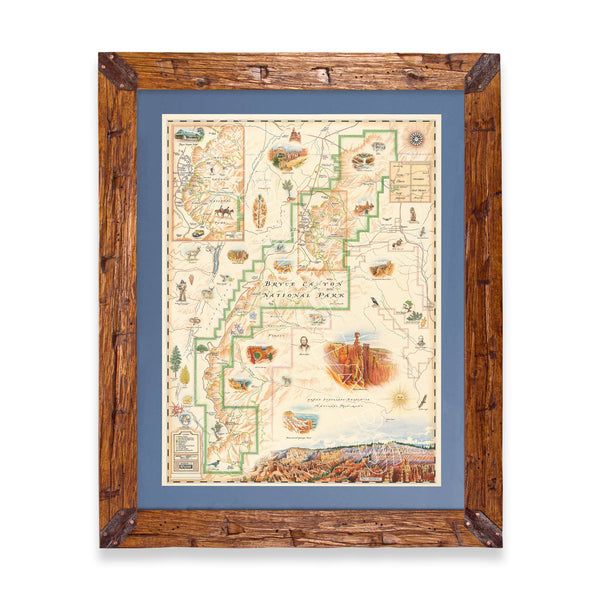 Bryce Canyon National Park hand-drawn map in a Montana hand-scraped pine wood frame with blue mat.