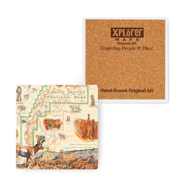 Bryce Canyon National Park Map ceramic coasters on earth tone colors featuring canyons, horseback, hoodoos, Rim Trail, Sunrise Point, Sunset Point, Inspiration Point and Bryce Point.