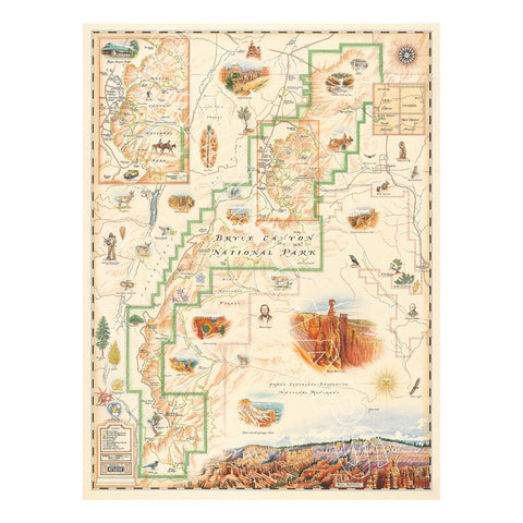 Bryce Canyon National Park Map Hand-Drawn Map in earth-tone colors featuring canyons, horseback, hoodoos, Rim Trail, Sunrise Point, Sunset Point, Inspiration Point, Bryce Point, Thor's Hammer, and Bryce Amphitheater. Measure 24x18.
