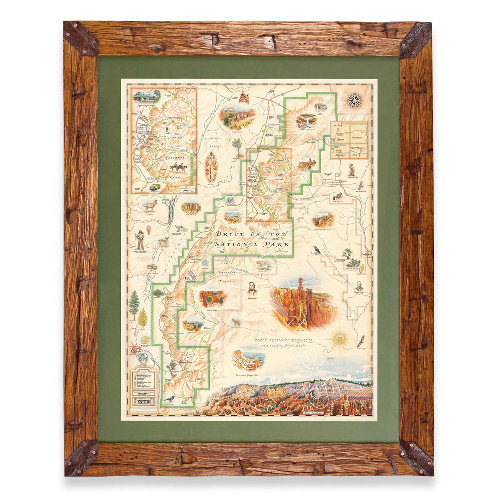 Bryce Canyon National Park hand-drawn map in a Montana hand-scraped pine wood frame with green mat.