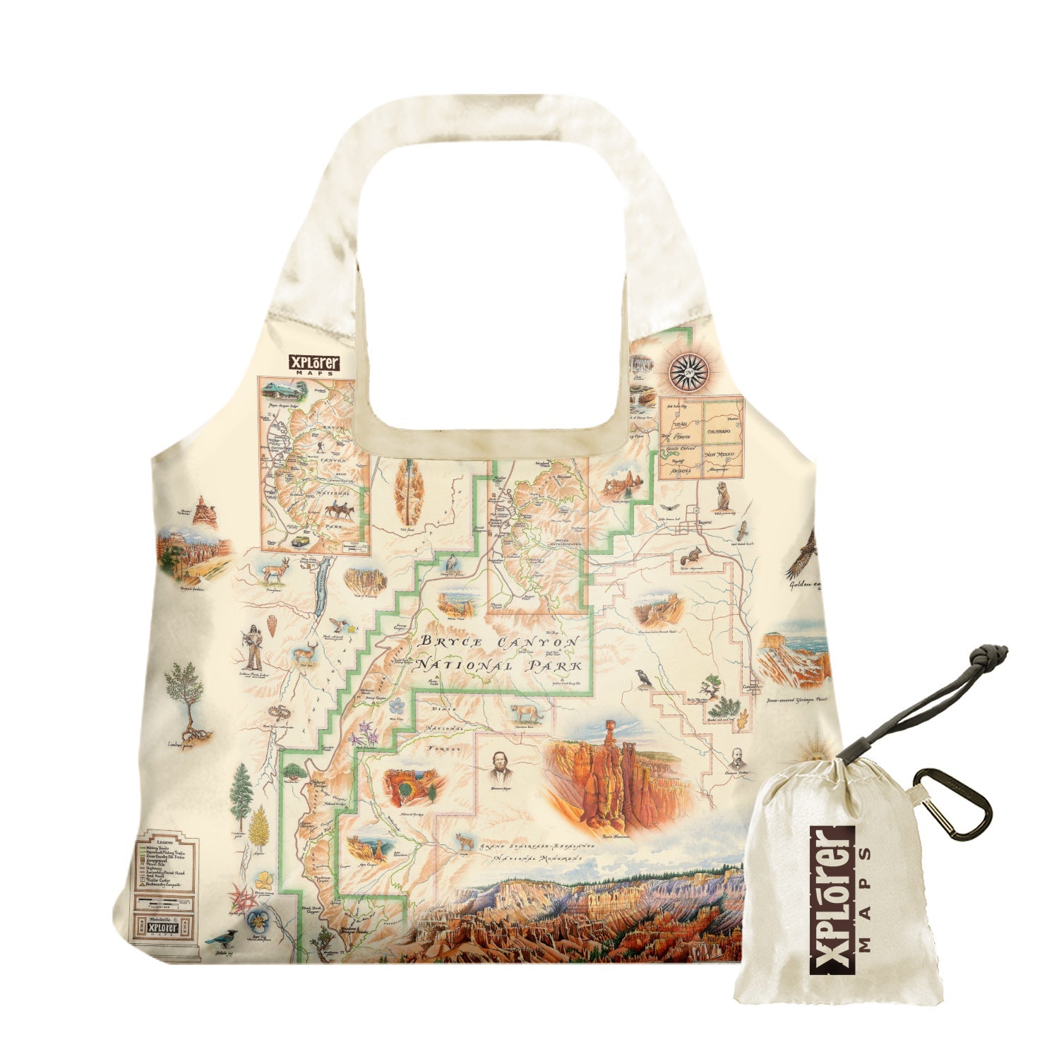 Bryce Canyon National Park Map pouch tote bag  on earth tone colors featuring canyons, horseback, hoodoos, Rim Trail, Sunrise Point, Sunset Point, Inspiration Point and Bryce Point.