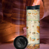 Utah's Bryce Canyon National Parks Map Travel Drinkware sitting in a colorful canyon. The sun reflections i shitting the cave walls and highlighting oranges, pinks, and reds. featured on the map are canyons, horseback, hoodoos, Rim Trail, Sunrise Point, Sunset Point, Inspiration Point, and Bryce Point.