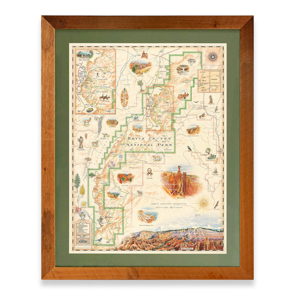 Bryce Canyon National Park hand-drawn map in a Montana Flathead Lake reclaimed larch wood frame and green mat. 