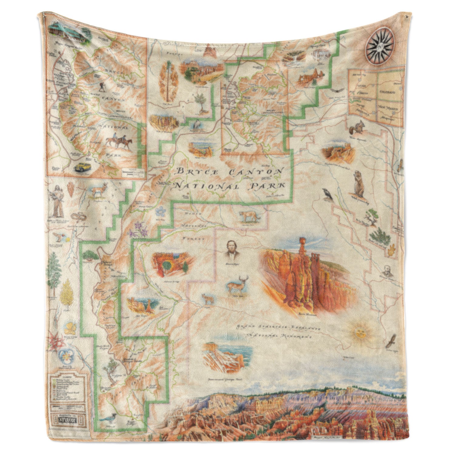 Fleece blanket with Bryce Canyon National Park map: Thors Hammer, Bryce Amphitheater, Ebenezer Bryce. Size: 58