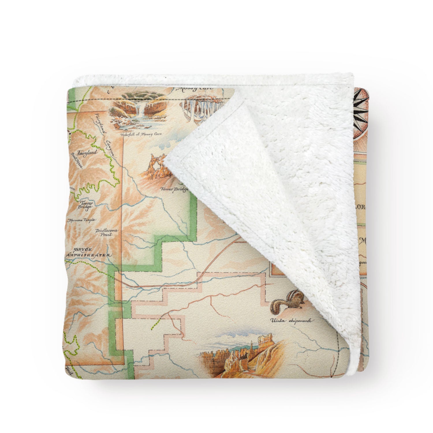 Bryce Canyon National Park Map fleece blanket on earth tone colors featuring canyons, horseback, hoodoos, Rim Trail, Sunrise Point, Sunset Point, Inspiration Point and Bryce Point. Measures 58