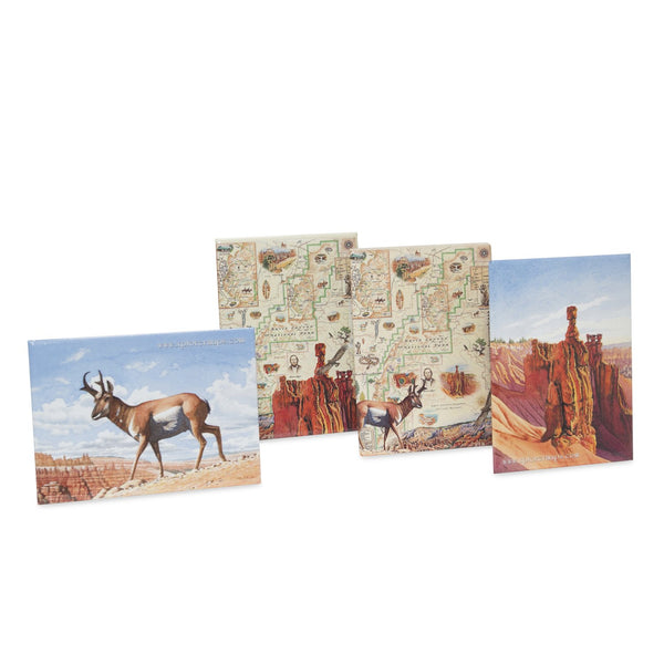 Bryce Canyon National Park Map Magnets on earth tone colors featuring canyons, horseback, hoodoos, Rim Trail, Sunrise Point, Sunset Point, Inspiration Point and Bryce Point.