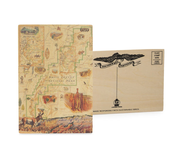 Bryce Canyon National Park Map mailable wooden postcard on earth tone colors featuring canyons, horseback, hoodoos, Rim Trail, Sunrise Point, Sunset Point, Inspiration Point and Bryce Point.
