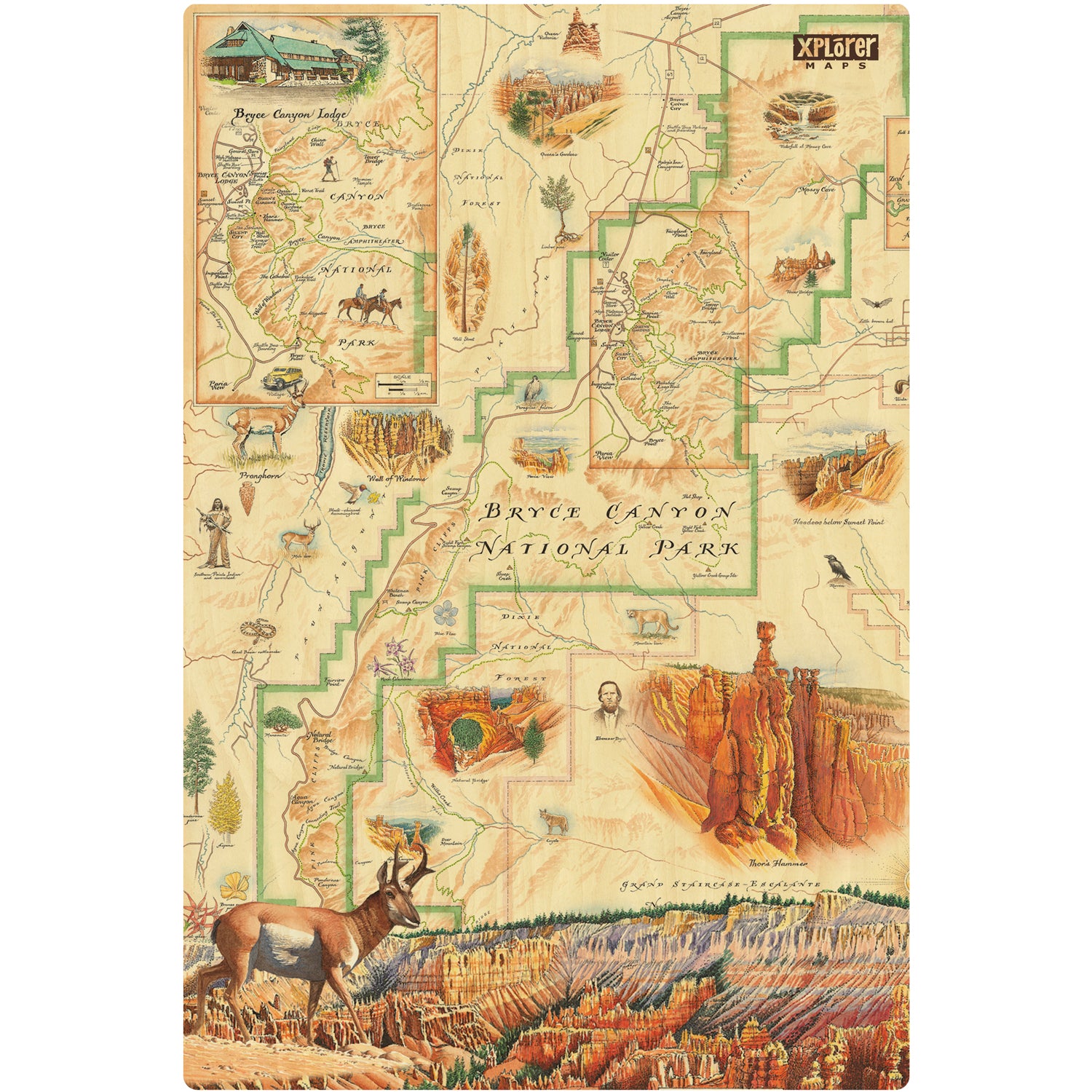 Bryce Canyon National Park Map wood sign on earth tone colors featuring canyons, horseback, hoodoos, Rim Trail, Sunrise Point, Sunset Point, Inspiration Point and Bryce Point.