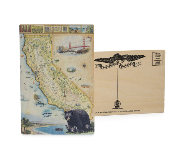 California State Map mailable postcards  in earth tones. Featuring black bear, fish, San Francisco, ocean, beach, and Redwood Trees.