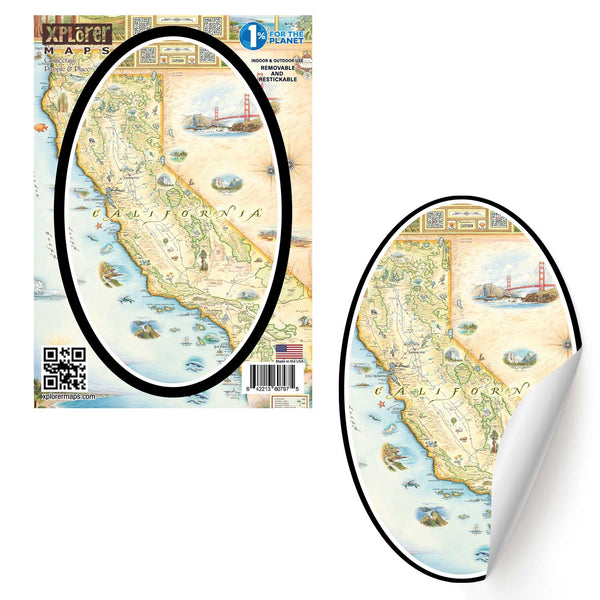 California State Map stickers in earth tones. Featuring black bear, fish, San Francisco, ocean, beach, and Redwood Trees.